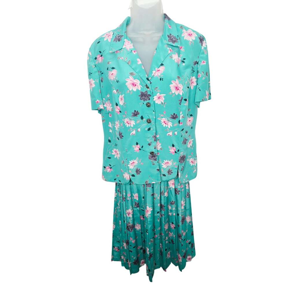 Vintage Leslie Fay Petite 12P Turquoise Floral Skirt Suit 2 Piece Set